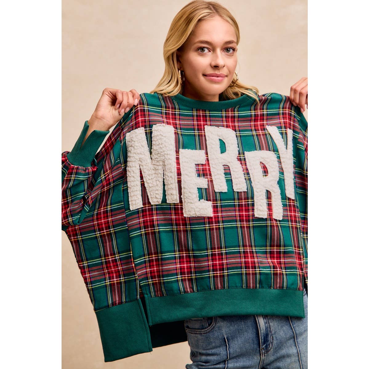 MERRY LETTER PATCHES CHRISTMAS PLAID SWEATSHIRT