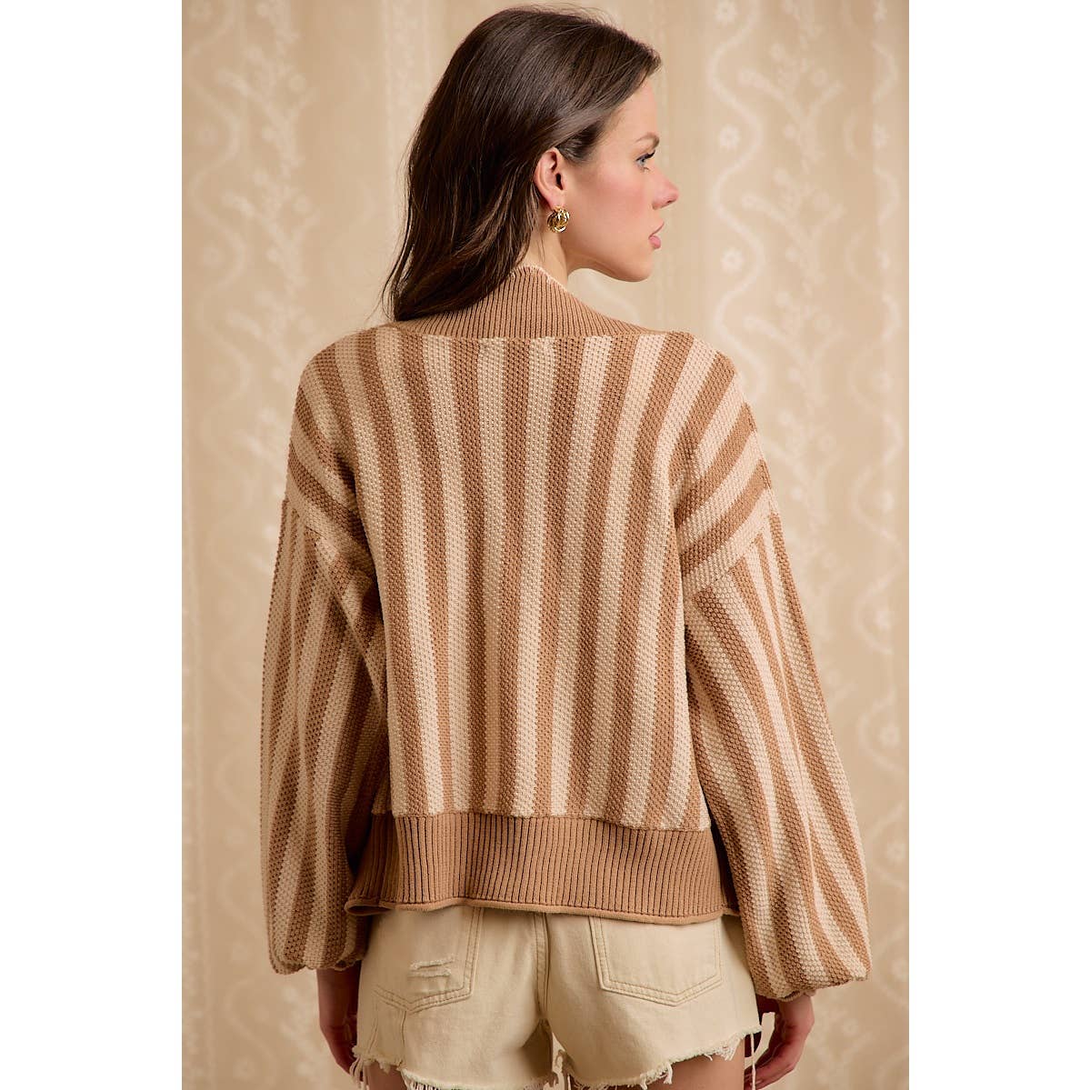 OPEN FRONT KNIT CARDIGAN LATTE IVORY STRIPE