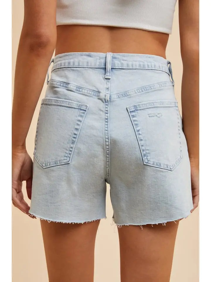 Stretch Distressed Hem Denim Shorts: White