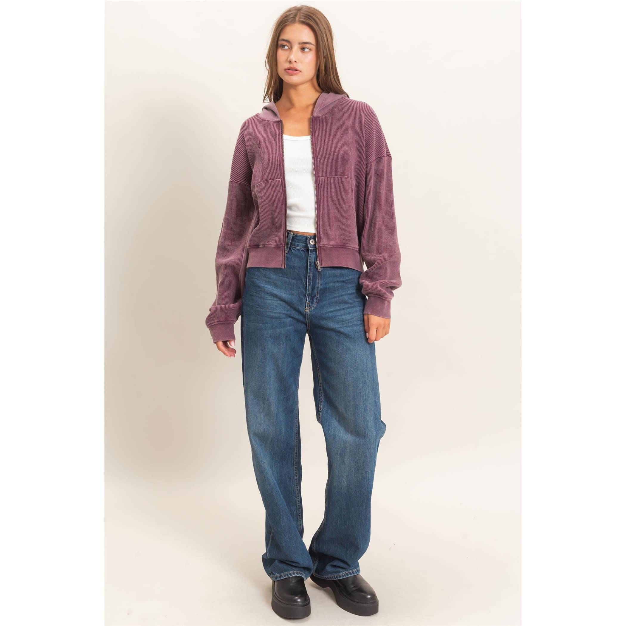 Acid Wash Waffle Knit Zip-Up Hoodie