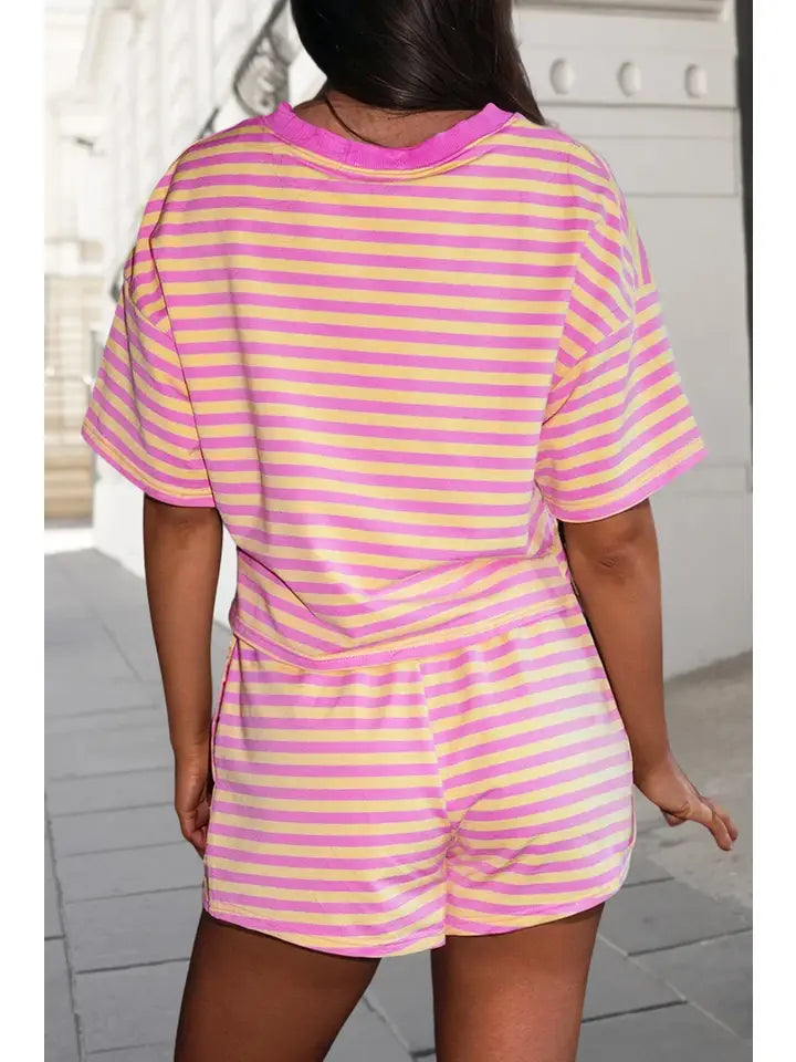 Stripe Print Contrast Trim Shorts Set