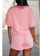 Stripe Print Contrast Trim Shorts Set