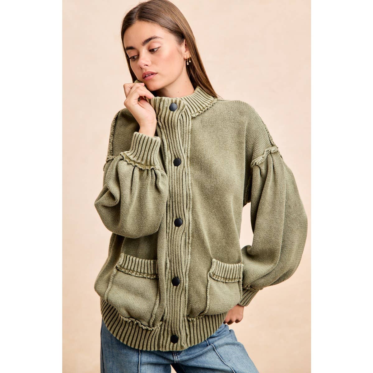 WASHED RIB BANDED COTTON SWEATER KNT CARDIGAN TOP