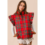 CHRISTMAS PLAID RUFFLED PUFFER VEST