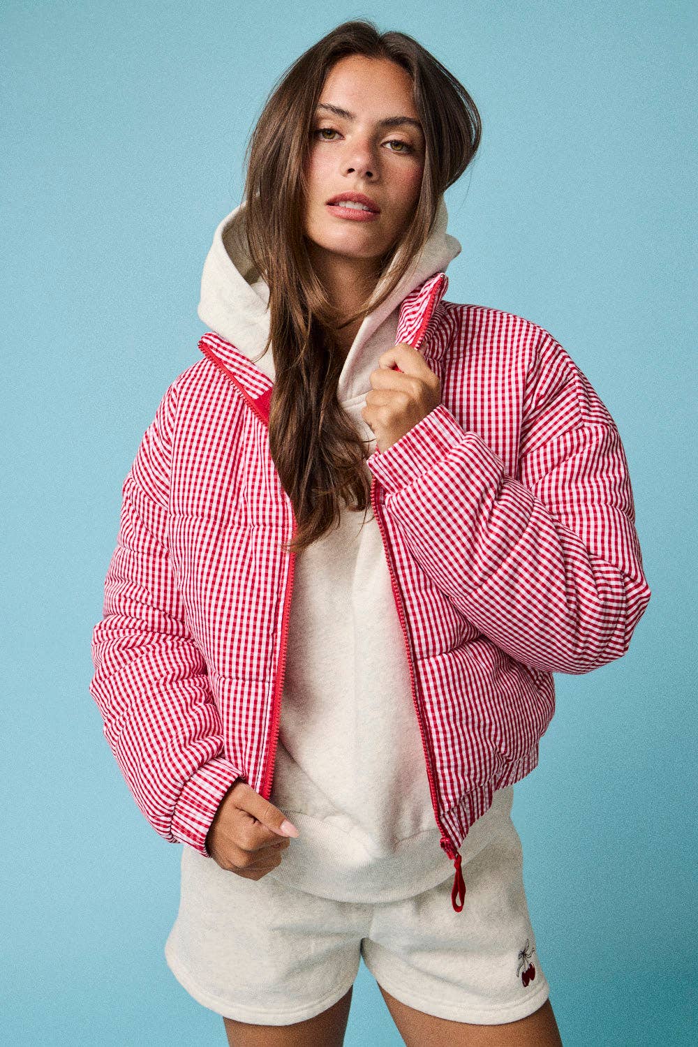 RED GINGHAM ZIP-UP PUFFER JACKET