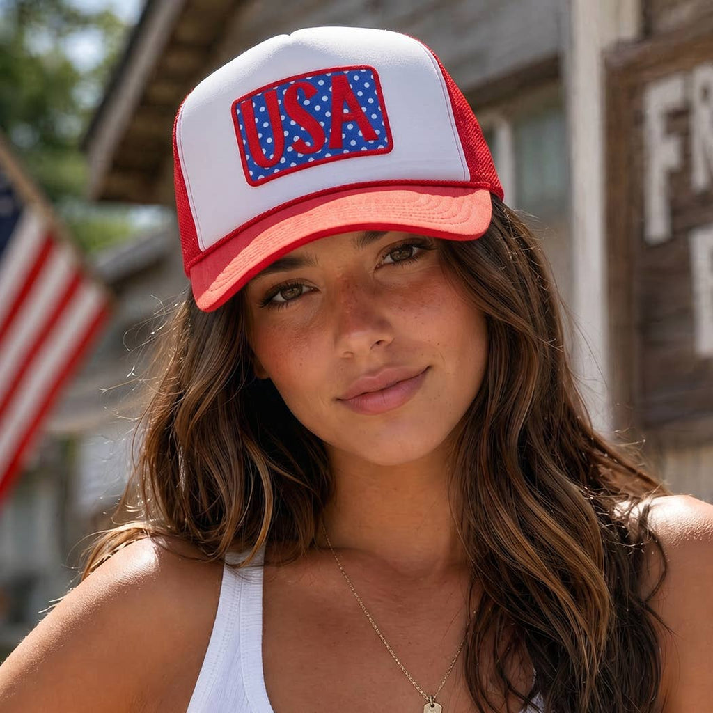 USA Embroidered Polka Dot Patch Foam Trucker Hat