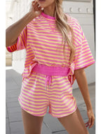Stripe Print Contrast Trim Shorts Set