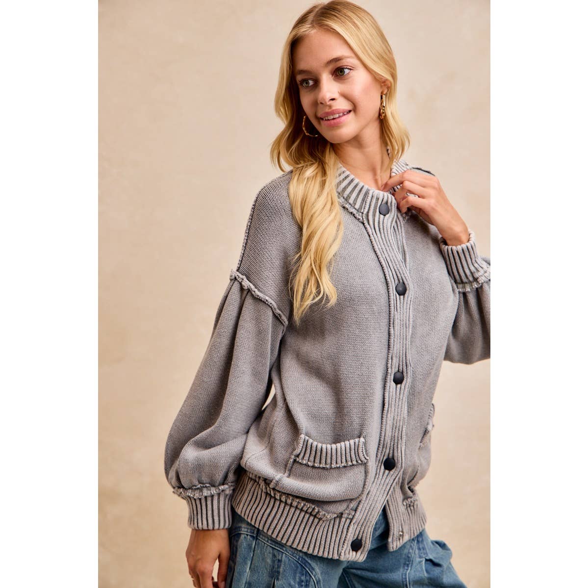 WASHED RIB BANDED COTTON SWEATER KNT CARDIGAN TOP