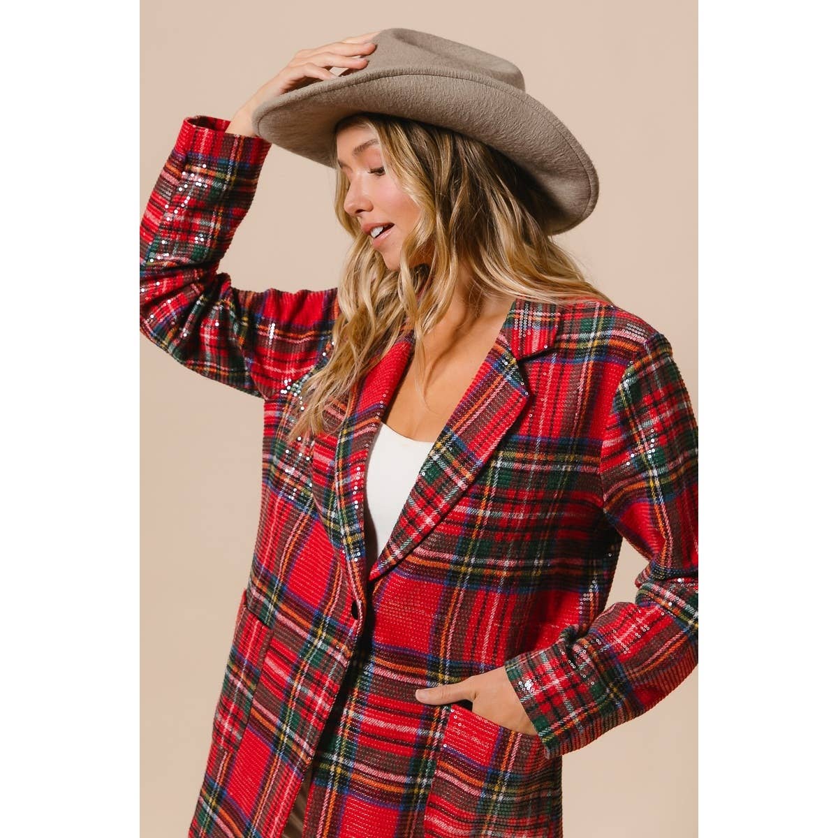 CHRISTMAS BRUSHED PLAID SEQUIN PATCH JACKET