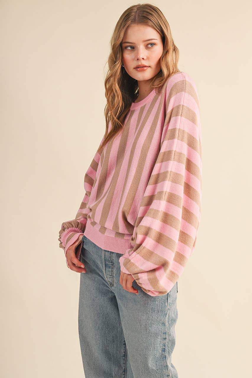 STRIPED DRAWSTRING SLEEVES SWEATER