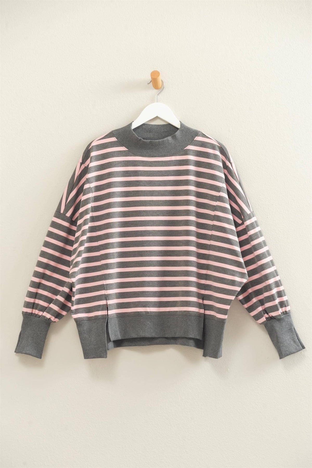 Striped Mock Neck Sweatshirt GRAY/PINK