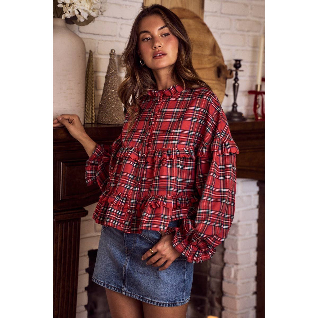 CHECKERED PLAID CHRISTMAS HOLIDAY BOHO TOP