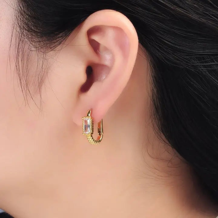 24K Gold Filled 18mm Baguette Cz Dotted Oblong Huggie Earrings