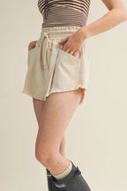 Frayed Hem Paperbag Waist Rope Shorts: Off white