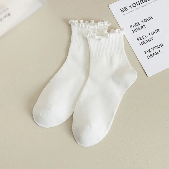 Womens Solid Color Ruffle Ankle Socks: White