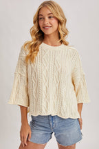OVERSIZED BELL SLEEVE CABLE KNIT SWEATER