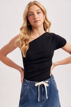 DRAPED KNIT ASYMMETRIC ONE SHOULDER KNIT TOP