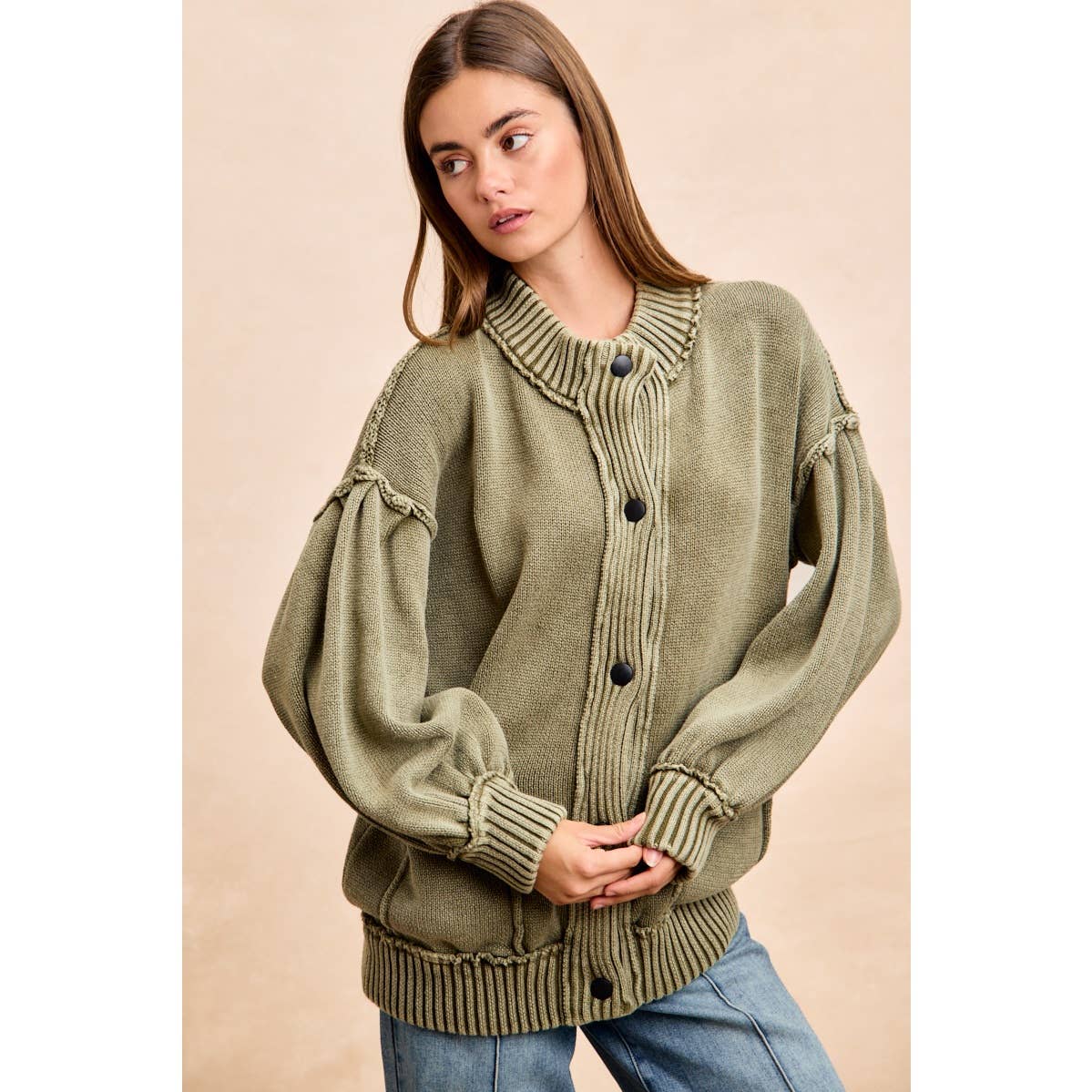 WASHED RIB BANDED COTTON SWEATER KNT CARDIGAN TOP