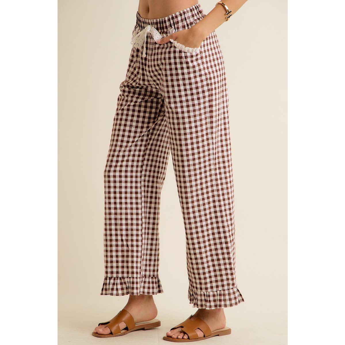 GINGHAM LACE RUFFLED PANTS
