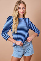 Striped Slim Fit Puff Shouler 3/4 Sleeve Top