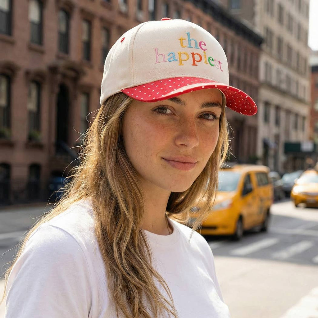 The Happiest Embroidered Small Polka Dot Brim Trucker Hat