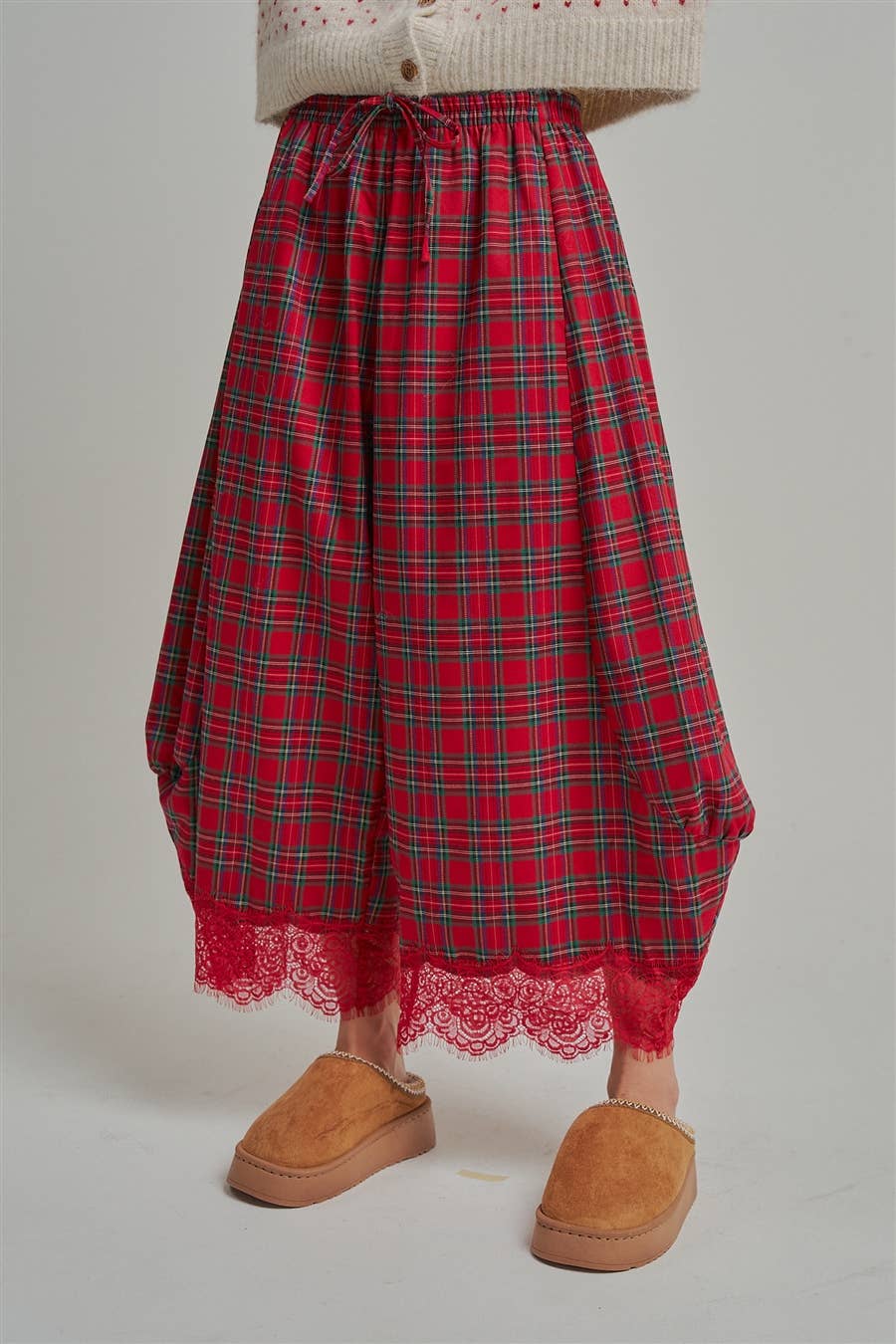 CHRISTMAS PLAID LEG PANTS WITH DELICATE LACE