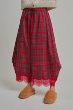 CHRISTMAS PLAID LEG PANTS WITH DELICATE LACE