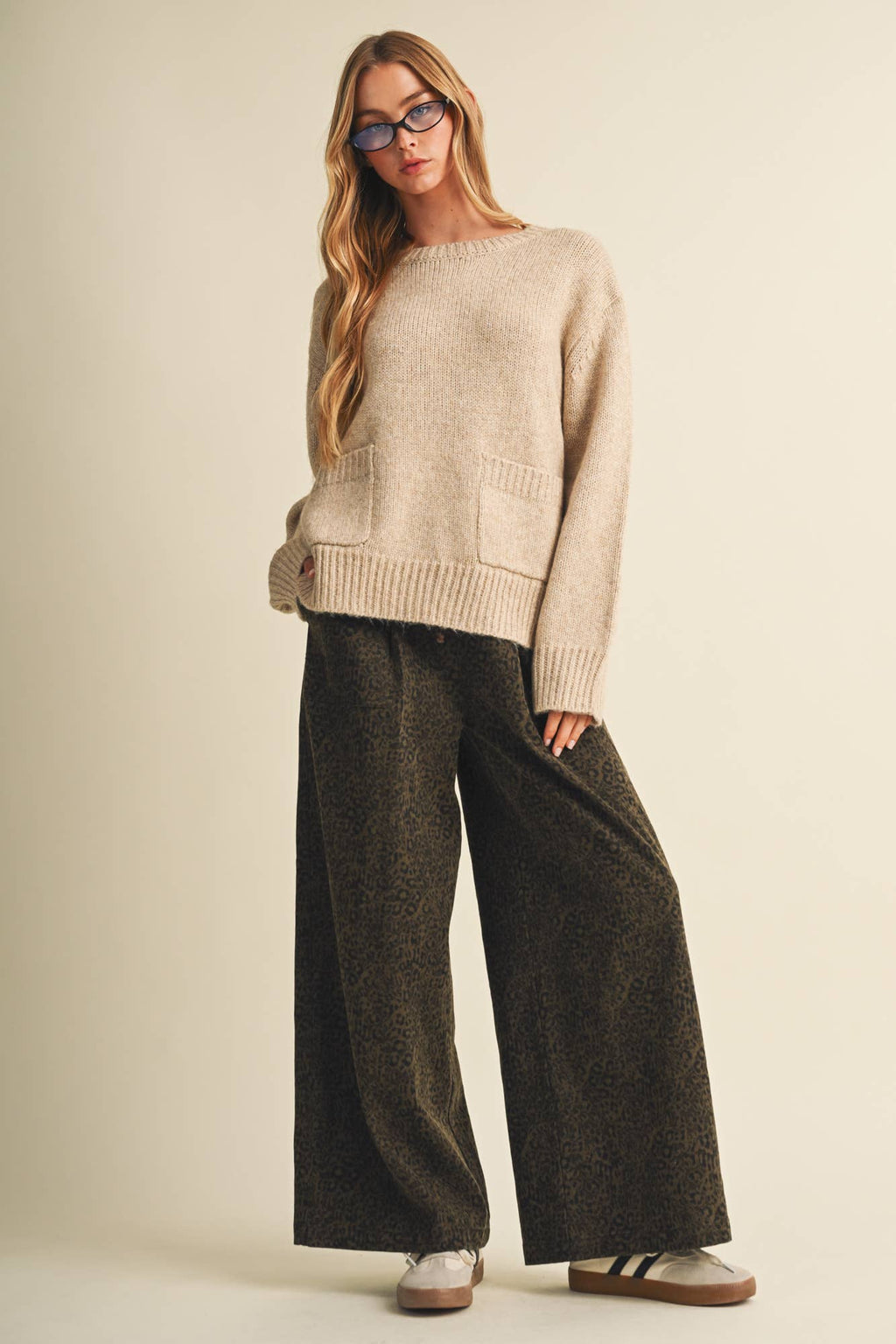 Drawstring Leopard Print Wide-Leg Trousers
