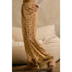 SATIN FLORAL PRINT  WIDE LEG PULL ON PANTS WITH LACE