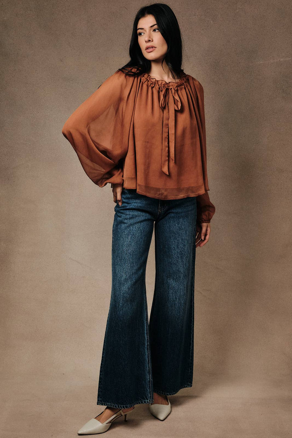 RUFFLED NECK FRONT TIES CAMI LINED BLOUSE