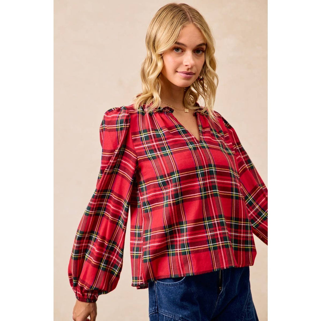 CHRISTMAS PLAID BALLOON SLEEVES RUFFLED V-NECK TOP