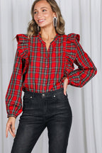Lace Trim Ruffle Plaid Blouse