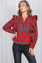 Lace Trim Ruffle Plaid Blouse