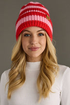 Red & Blush Striped Knit Beanie