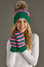 Green & Pink Striped Pom Hat