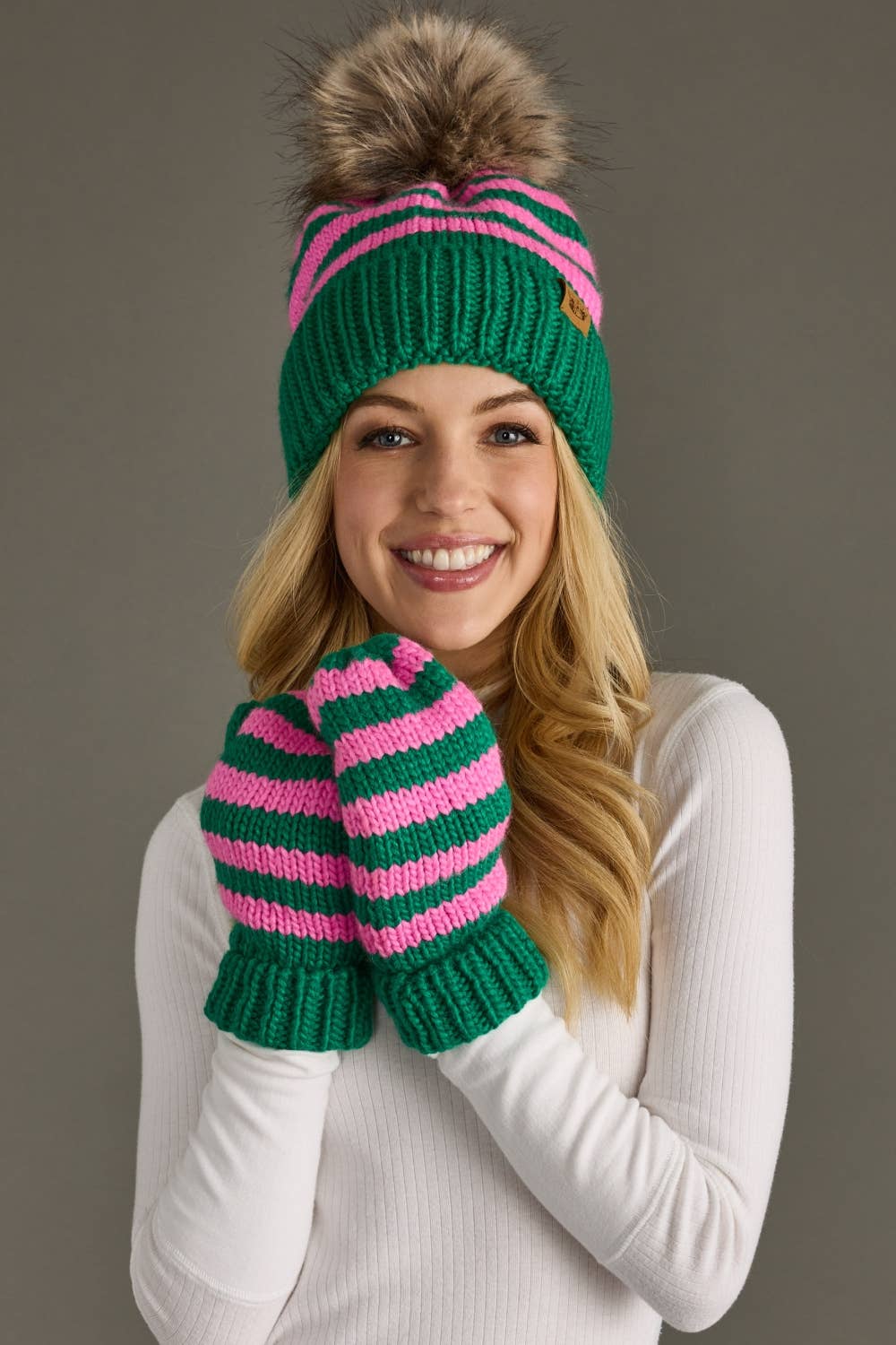 Green & Pink Striped Pom Hat