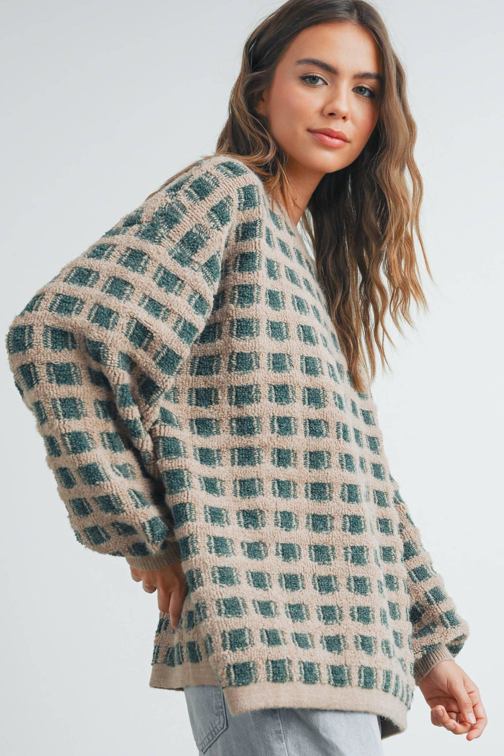Checkered Oversized Sweater TAUPE / OLIVE