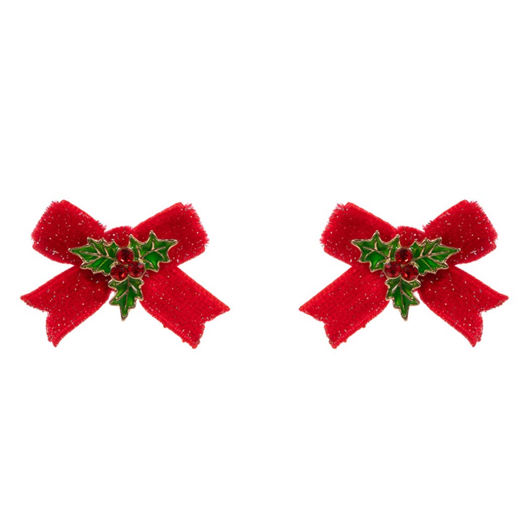 Christmas Holly Enamel w Velvet Bow Post Earrings: Red, ONE SIZE