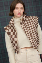 CHECKERED CROPPED PUFFER VEST: KHAKI