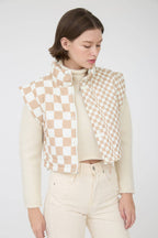 CHECKERED CROPPED PUFFER VEST: KHAKI