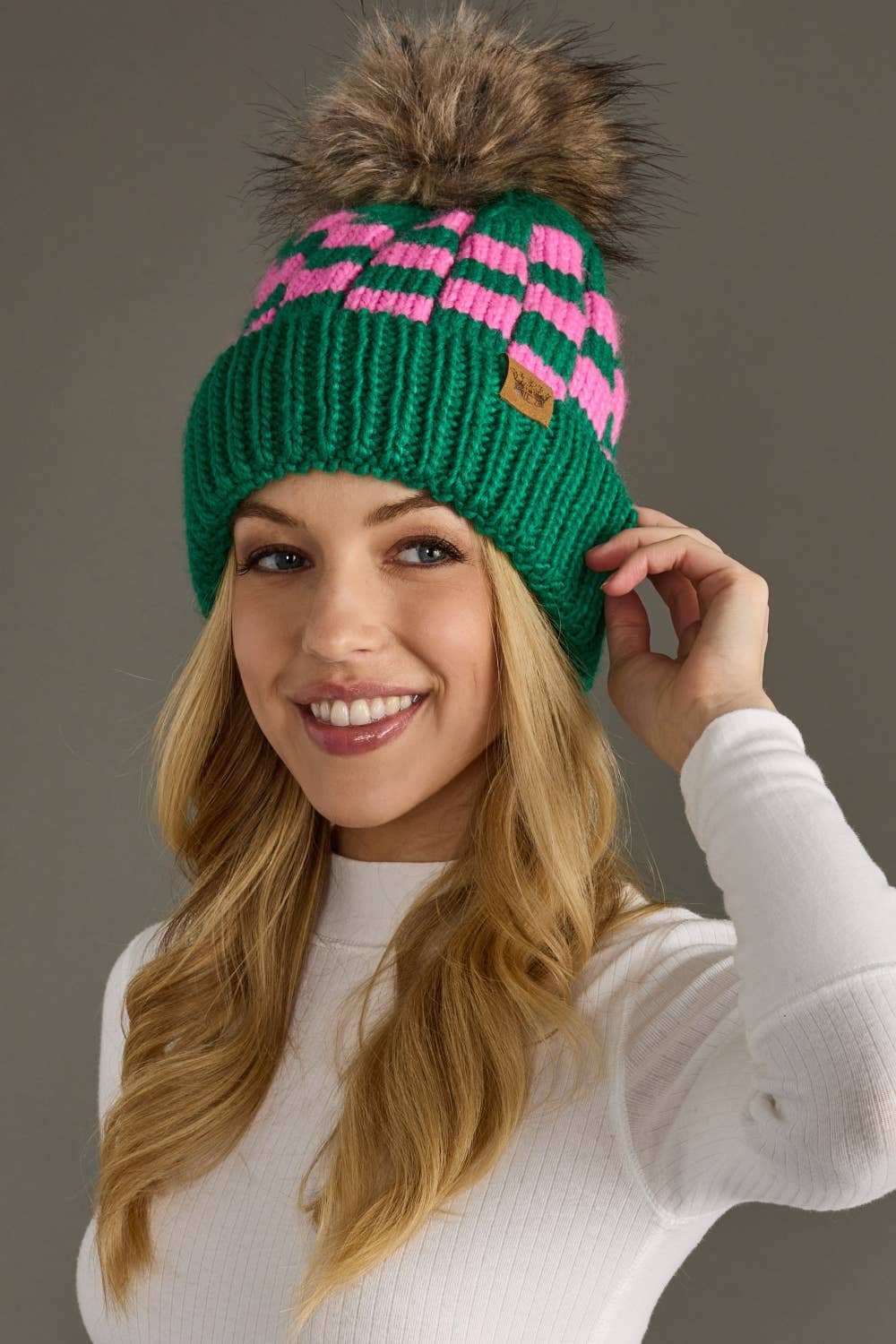 Green & Pink Checkered Pom Hat