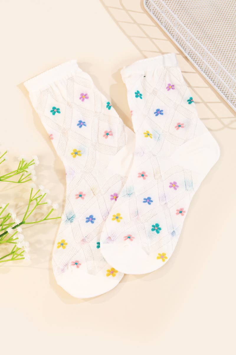 White Flower Print Pattern Socks: MULTI