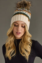 Cream & Multi Patterned Pom Hat
