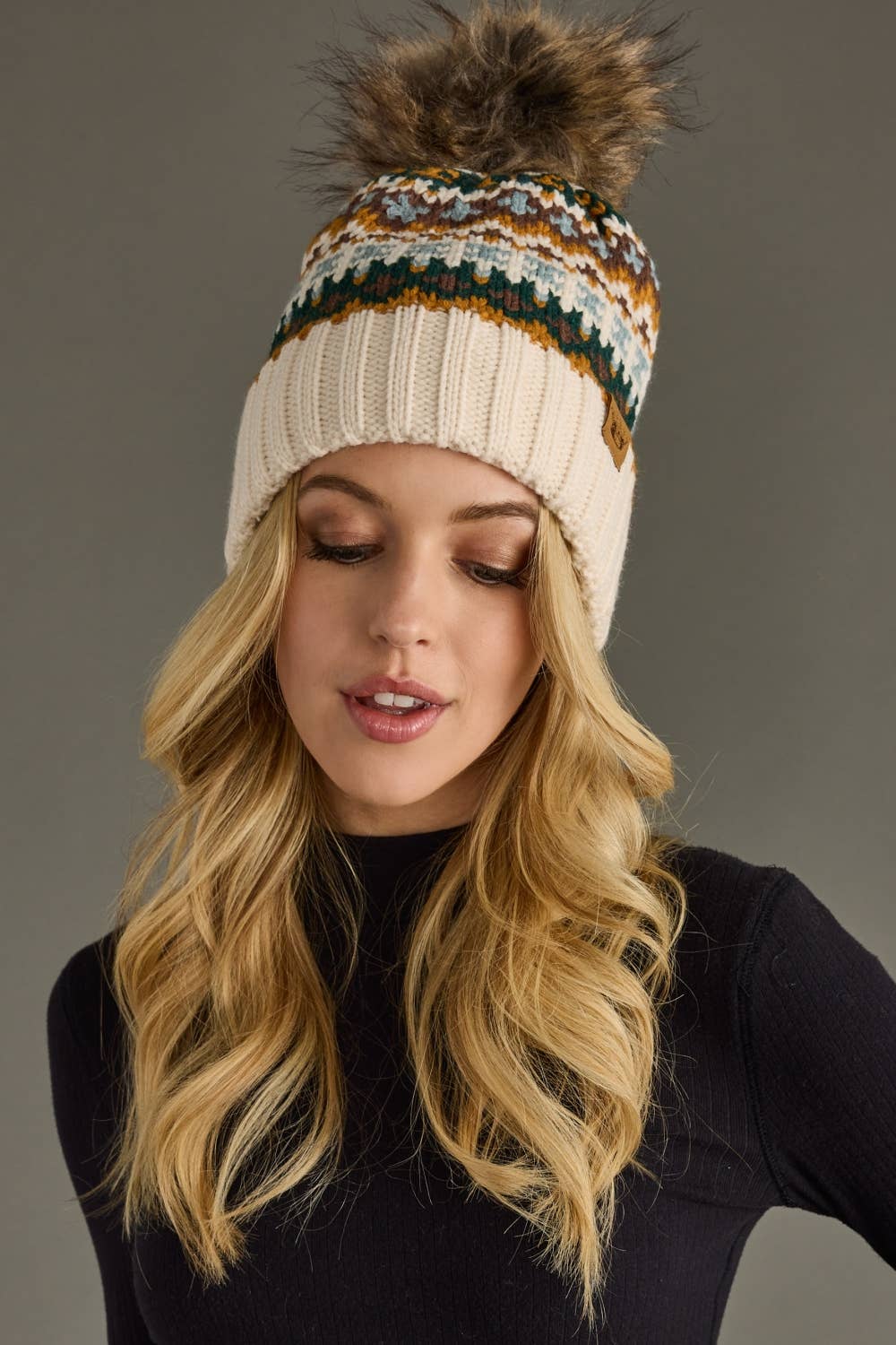 Cream & Multi Patterned Pom Hat