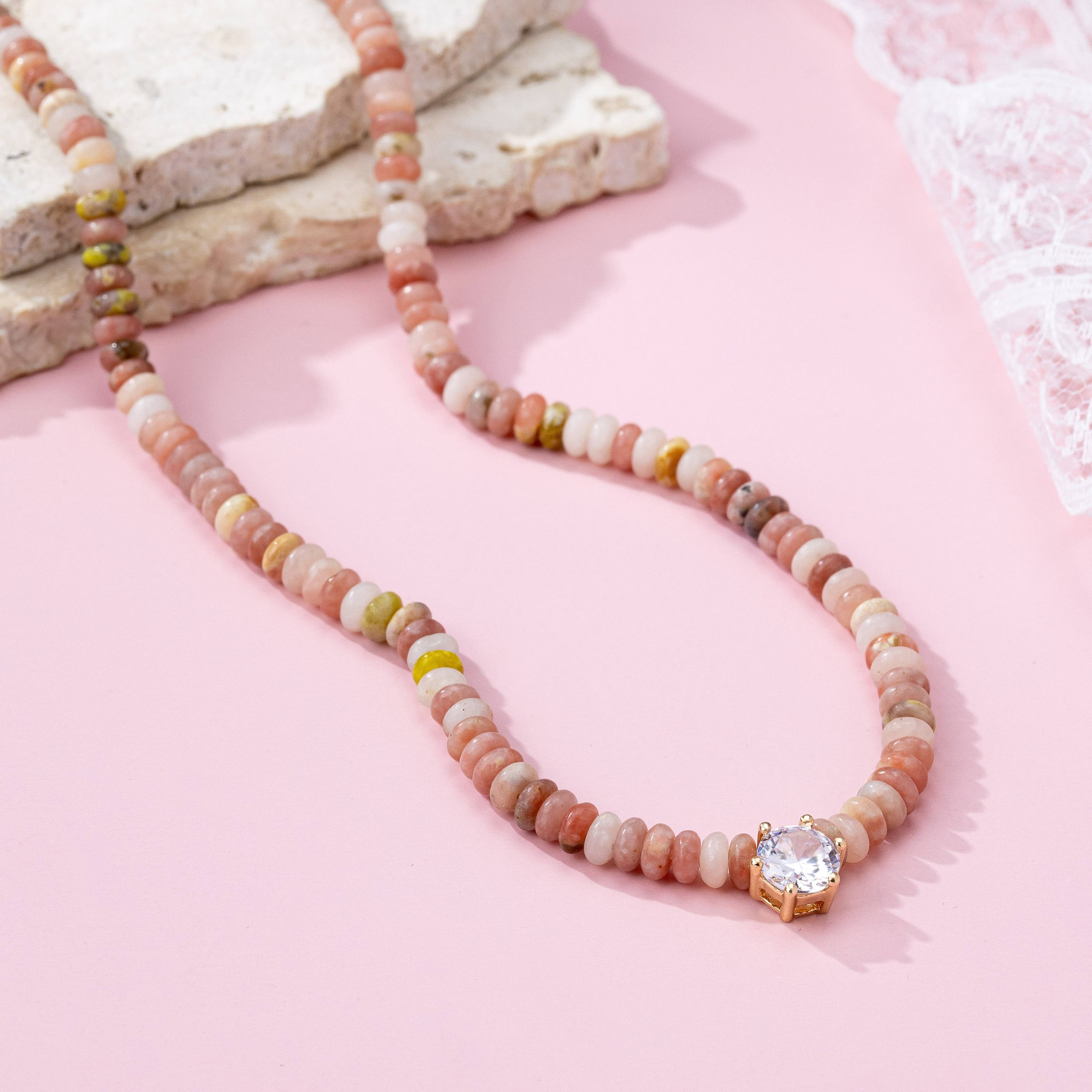 Pink & Brown Natural Semi Precious Charm Necklace