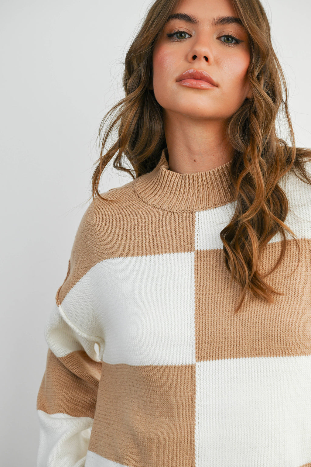 Trendy Checkered Sweater -TAUPE / IVORY