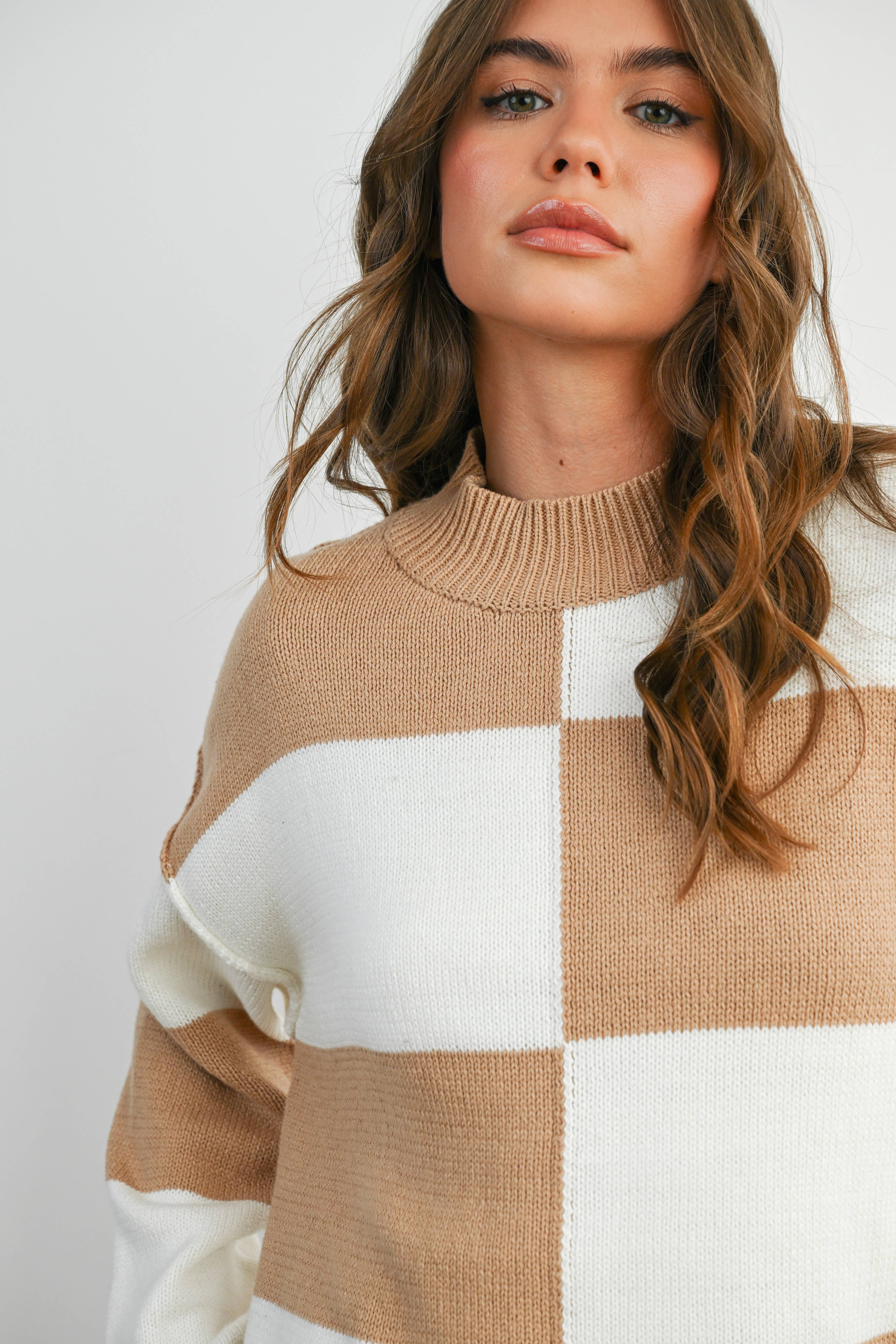 Trendy Checkered Sweater -TAUPE / IVORY