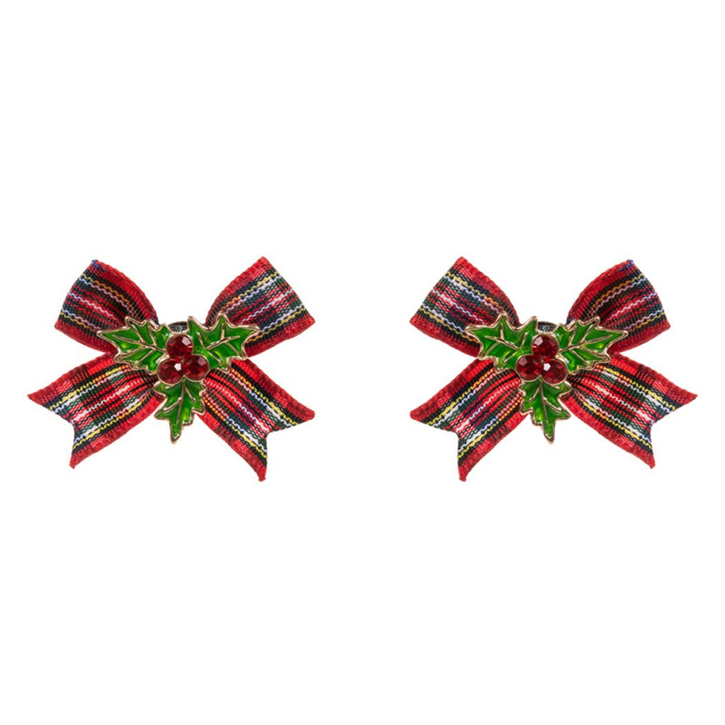 Christmas Holly Enamel w Velvet Bow Post Earrings: Red, ONE SIZE