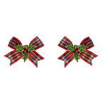 Christmas Holly Enamel w Velvet Bow Post Earrings: Red, ONE SIZE
