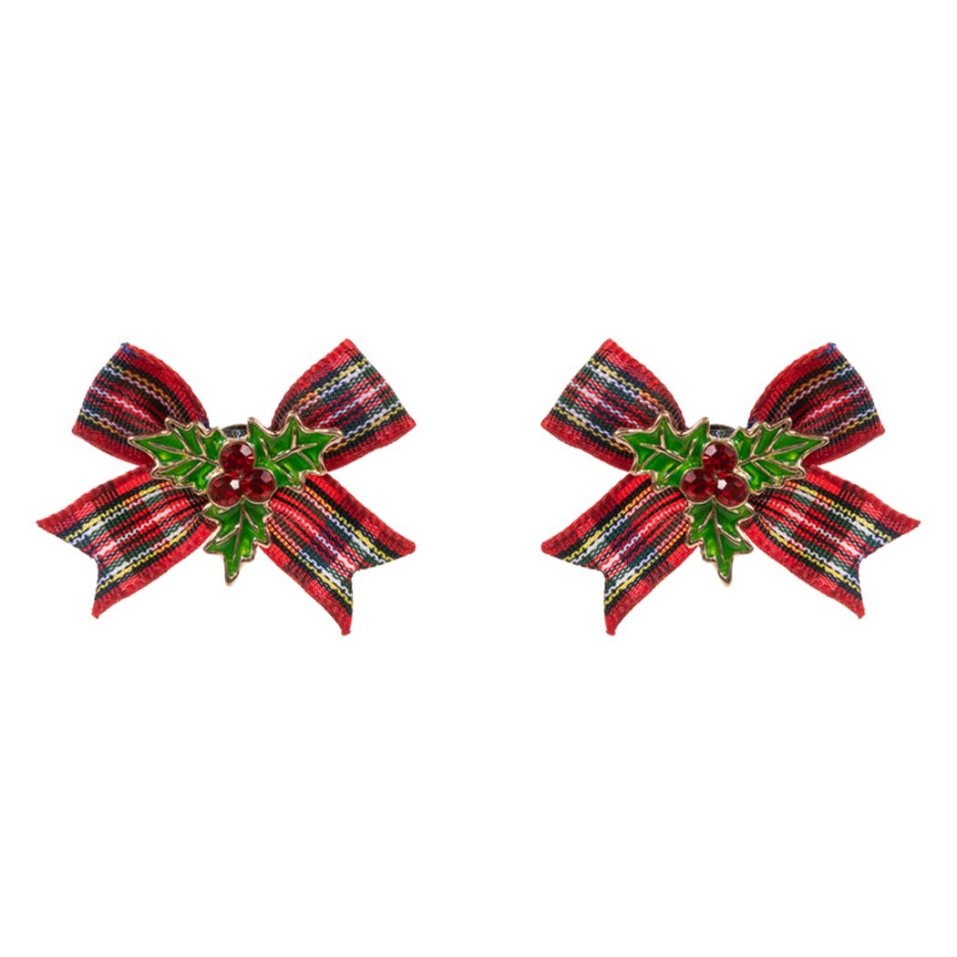 Christmas Holly Enamel w Velvet Bow Post Earrings: Red, ONE SIZE